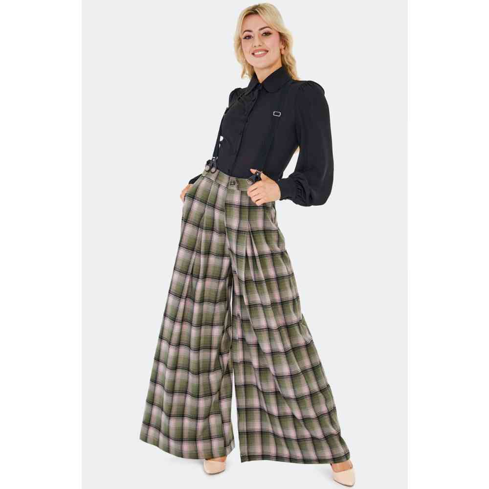 Voodoo Vixen - Plaid Wide Leg Suspender Pantalon large - Multicolore